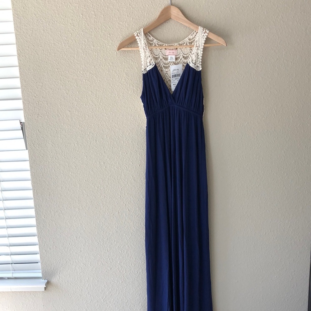 NWT Love Ady Blue Crochet Detail Sleeveless V-Neck Maxi Dress Size S